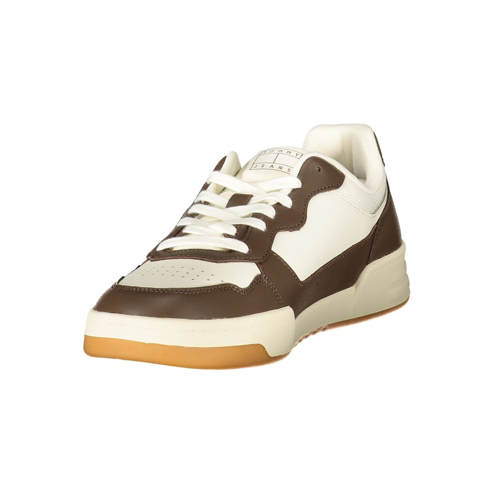 Athletic Sneakers by Tommy Hilfiger for men in polyester polyethylene leather brown & white features an stately silhouette, showcasing the signature athletic style of the Men's Athletic Polyester Polyethylene Leather Sneakers collection with a truly stately finish.