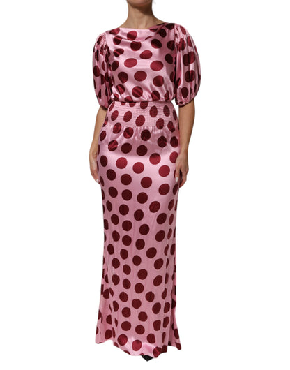 Dolce & Gabbana Women's Gown Short-Sleeve Boat Neck Silk Satin Maxi Long Dress - Pink Red Dots Patterned