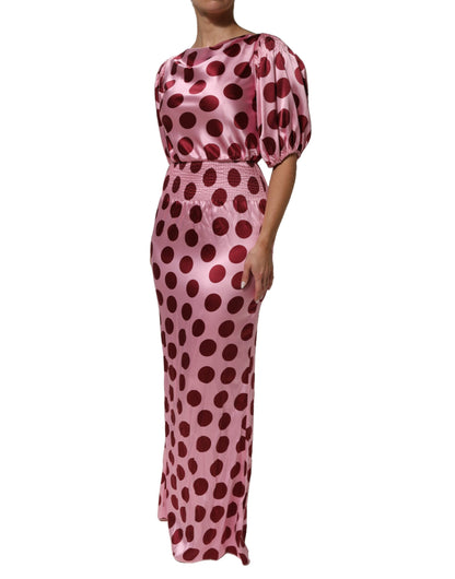 Dolce & Gabbana Women's Gown Short-Sleeve Boat Neck Silk Satin Maxi Long Dress - Pink Red Dots Patterned