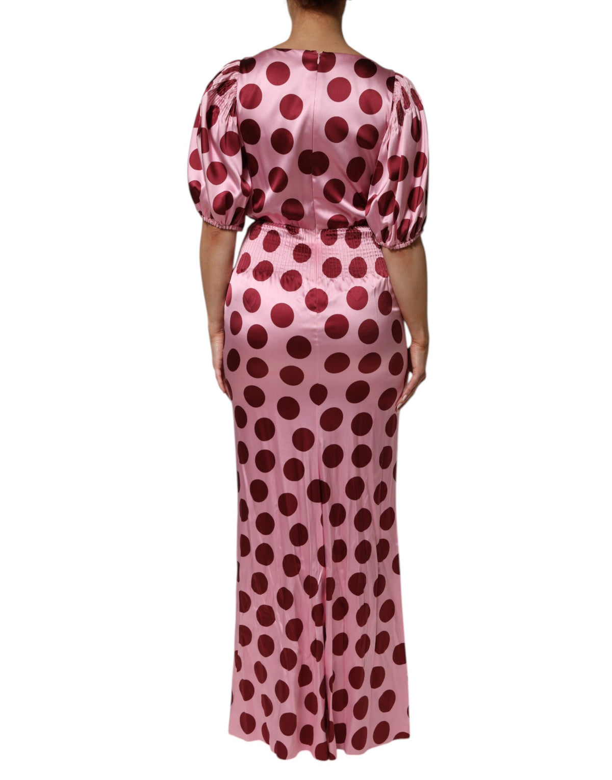 Dolce & Gabbana Women's Gown Short-Sleeve Boat Neck Silk Satin Maxi Long Dress - Pink Red Dots Patterned