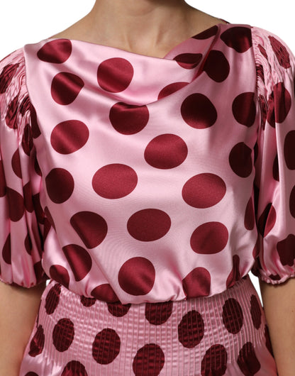 Dolce & Gabbana Women's Gown Short-Sleeve Boat Neck Silk Satin Maxi Long Dress - Pink Red Dots Patterned