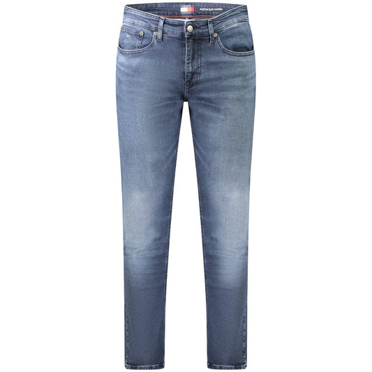Jeans by Tommy Hilfiger for men in stretch denim cotton blue features a polished silhouette with a polished tapered-leg & slim, reaching a polished long and finished with a polished .