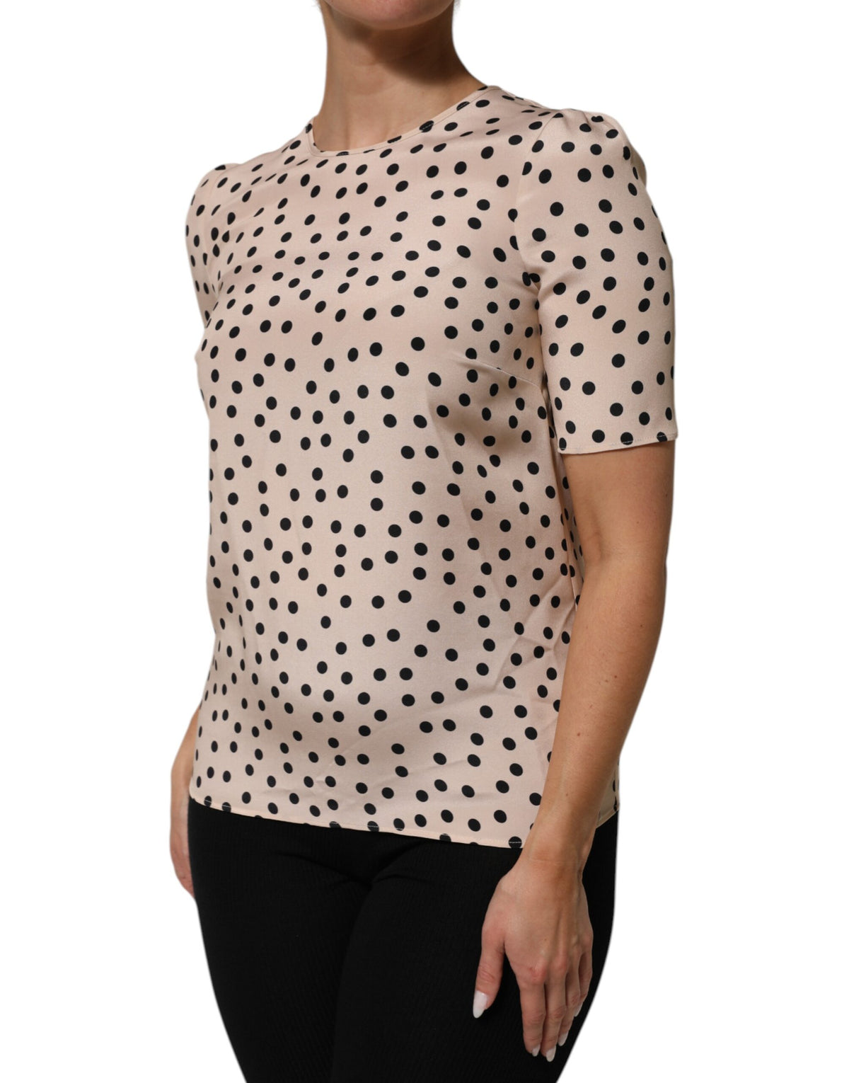 Dolce & Gabbana Women's Short-Sleeve Round Neck Silk Blouse - Beige Black Patterned Dots Print