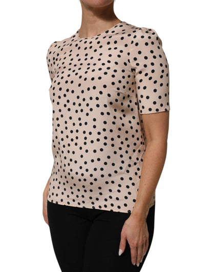 Dolce & Gabbana Women's Short-Sleeve Round Neck Silk Blouse - Beige Black Patterned Dots Print