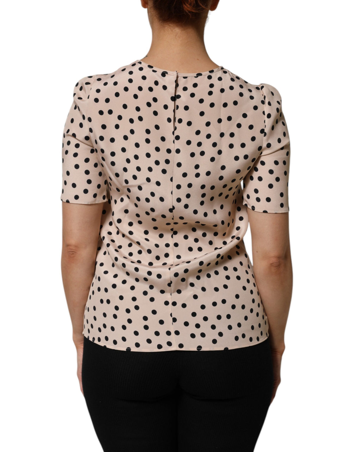 Dolce & Gabbana Women's Short-Sleeve Round Neck Silk Blouse - Beige Black Patterned Dots Print