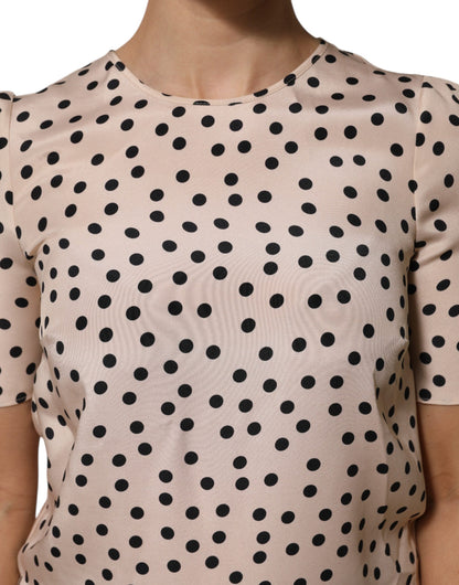 Dolce & Gabbana Women's Short-Sleeve Round Neck Silk Blouse - Beige Black Patterned Dots Print