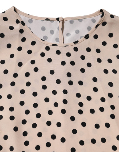 Dolce & Gabbana Women's Short-Sleeve Round Neck Silk Blouse - Beige Black Patterned Dots Print