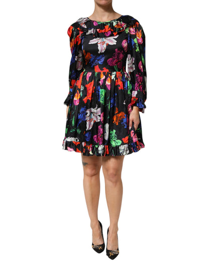 MSGM Women's Cocktail Long-Sleeve Polyester Midi Mini Dress - Black Multicolor Patterned Floral Print