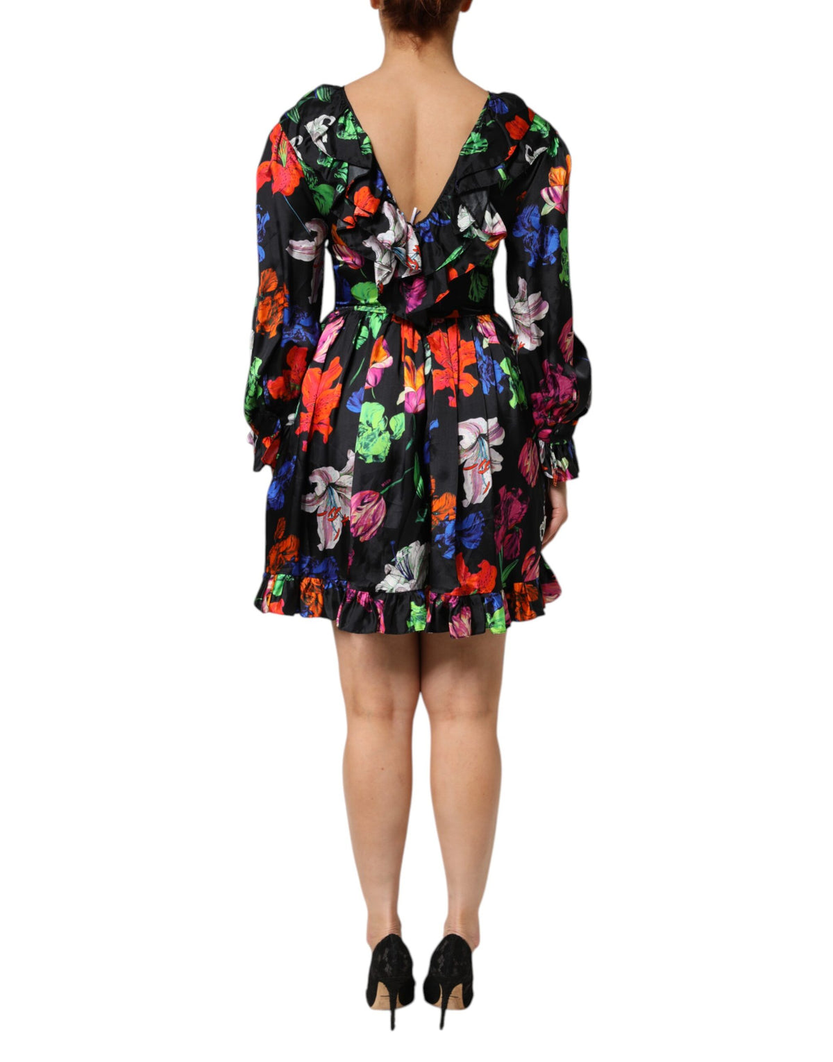 MSGM Women's Cocktail Long-Sleeve Polyester Midi Mini Dress - Black Multicolor Patterned Floral Print