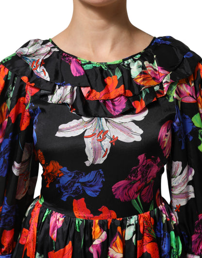 MSGM Women's Cocktail Long-Sleeve Polyester Midi Mini Dress - Black Multicolor Patterned Floral Print