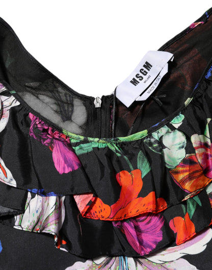 MSGM Women's Cocktail Long-Sleeve Polyester Midi Mini Dress - Black Multicolor Patterned Floral Print