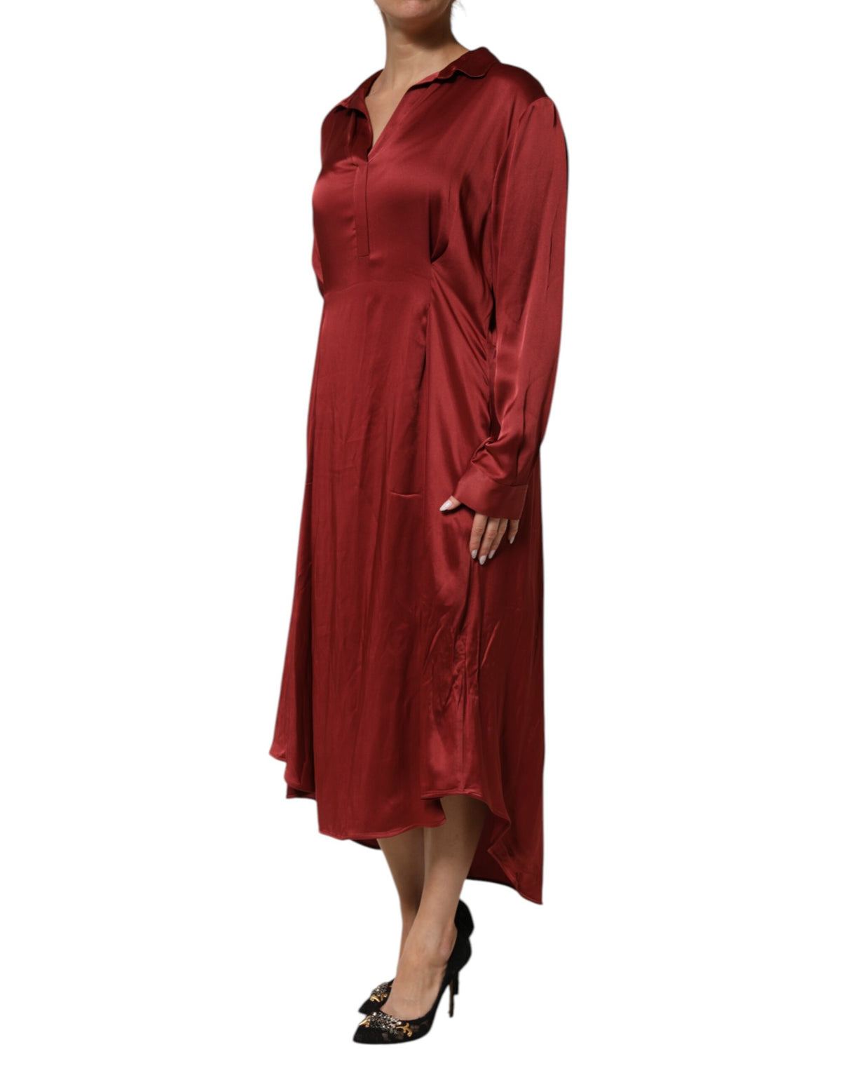 Fabiana Filippi Women's Long-Sleeve Polyester Viscose & Satin Midi Long Dress - Burgundy