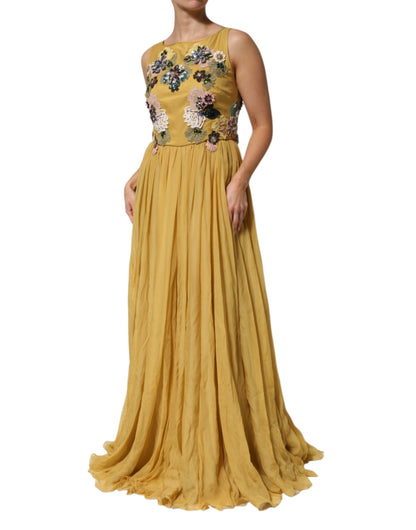 Dolce & Gabbana Women's Gown Cocktail Sleeveless Silk Chiffon Cotton & Sequins Maxi Long Dress - Multicolor Yellow Patterned Floral