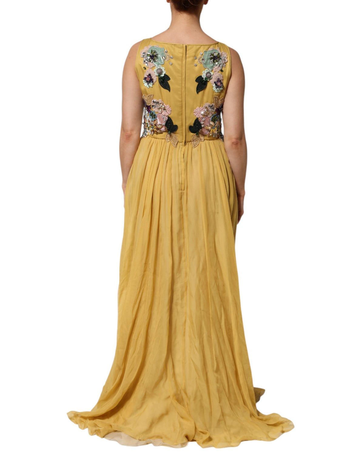 Dolce & Gabbana Women's Gown Cocktail Sleeveless Silk Chiffon Cotton & Sequins Maxi Long Dress - Multicolor Yellow Patterned Floral