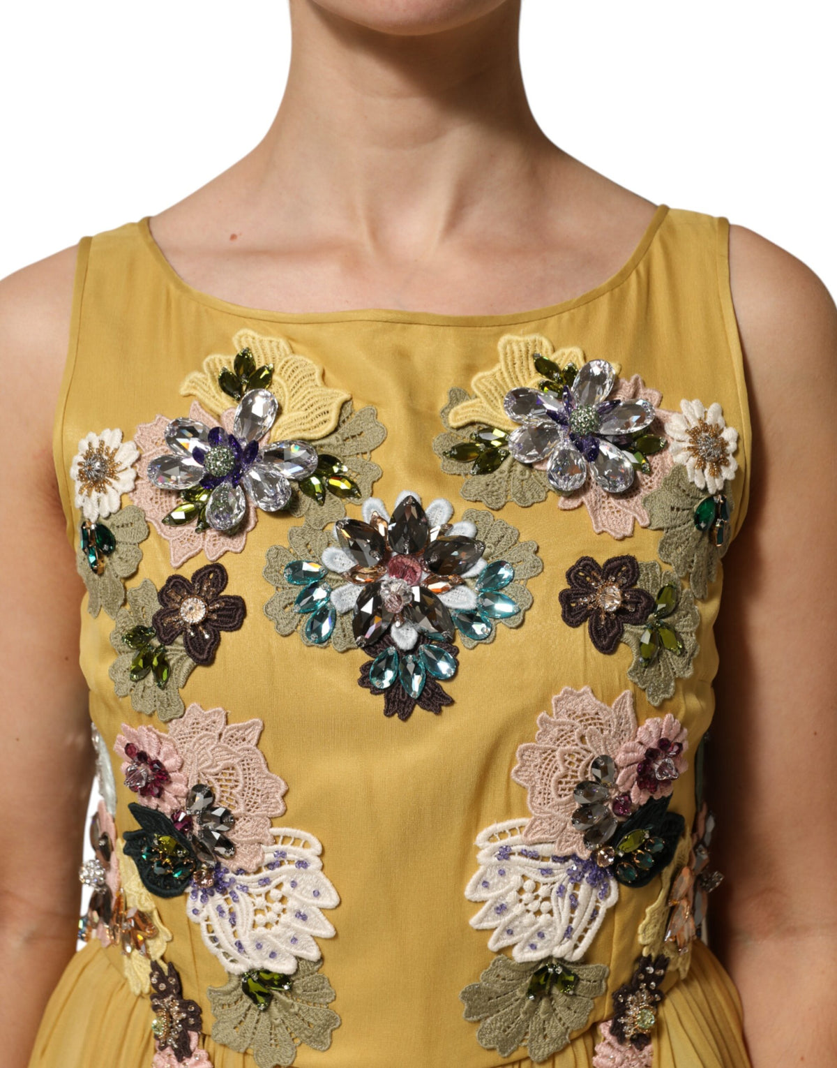 Dolce & Gabbana Women's Gown Cocktail Sleeveless Silk Chiffon Cotton & Sequins Maxi Long Dress - Multicolor Yellow Patterned Floral