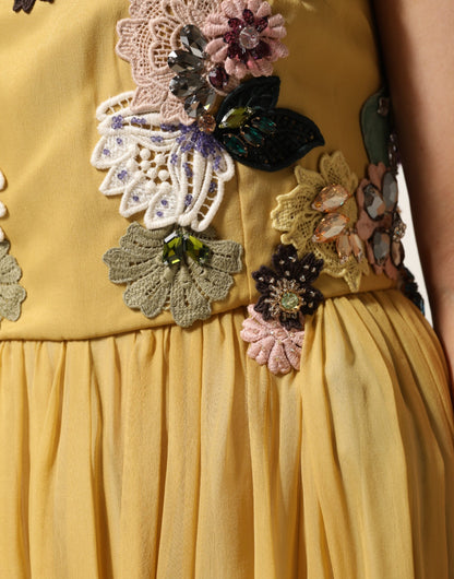 Dolce & Gabbana Women's Gown Cocktail Sleeveless Silk Chiffon Cotton & Sequins Maxi Long Dress - Multicolor Yellow Patterned Floral