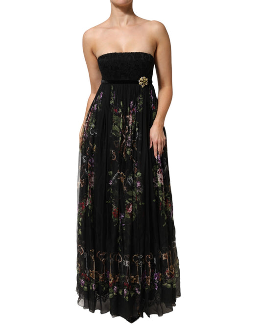 Dress by Dolce & Gabbana for women in silk cotton polyester & lace black, multicolor, red, patterned, floral & print presents a sinuous silhouette, showcasing a sophisticated strapless neckline and sleeveless; strapless detailed with a sinuous maxi long for a refined finish.