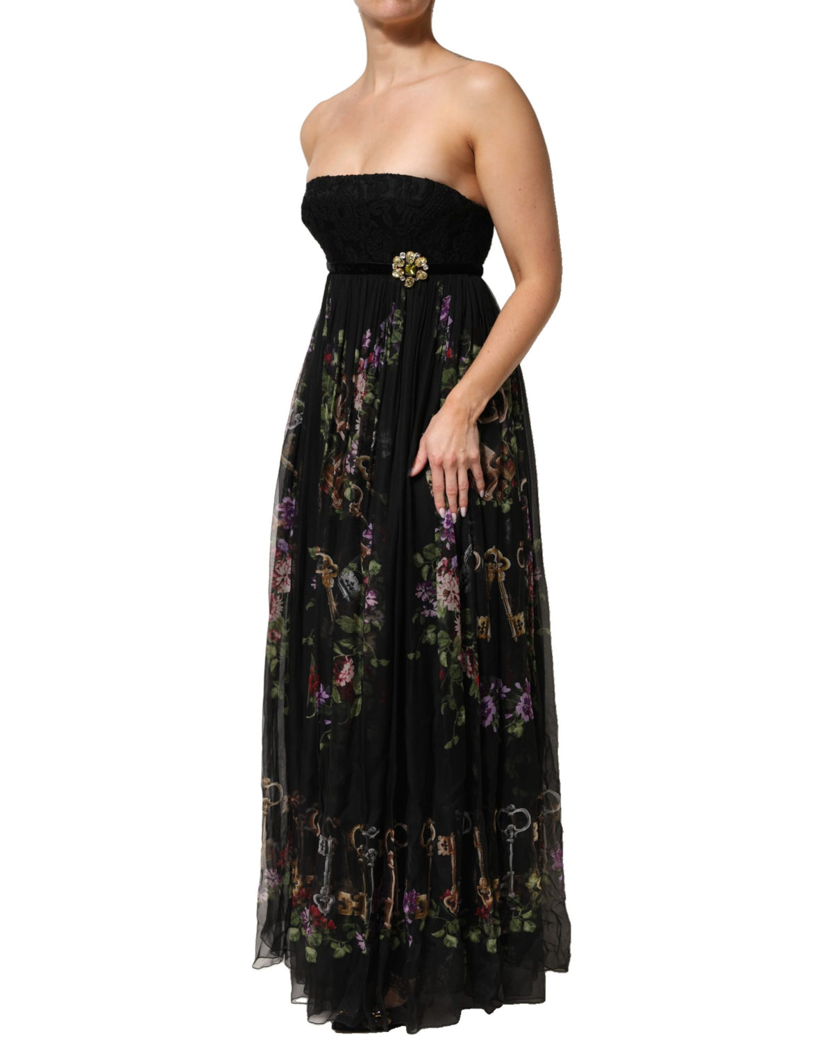 Dolce & Gabbana Women's Gown Cocktail Sleeveless; Strapless Silk Cotton Polyester & Lace Maxi Long Dress - Black Multicolor Red Patterned Floral Print