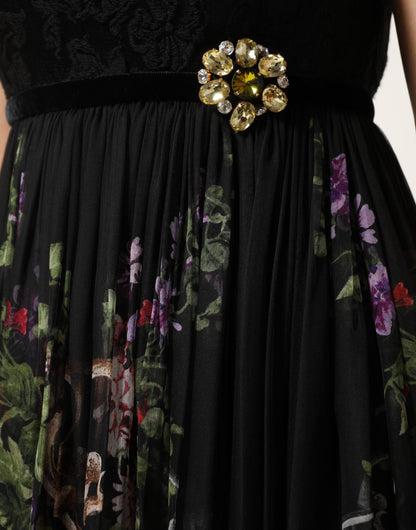 Dolce & Gabbana Women's Gown Cocktail Sleeveless; Strapless Silk Cotton Polyester & Lace Maxi Long Dress - Black Multicolor Red Patterned Floral Print