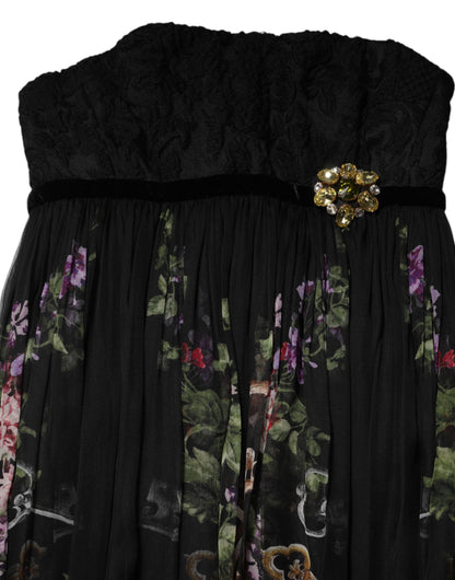 Dolce & Gabbana Women's Gown Cocktail Sleeveless; Strapless Silk Cotton Polyester & Lace Maxi Long Dress - Black Multicolor Red Patterned Floral Print