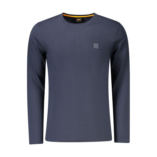 T-Shirt by Hugo Boss for men in cotton blue showcases a fashionable silhouette, elegantly detailed with a fashionable long-sleeve and crew neckline for a sophisticated, high-fashion look.