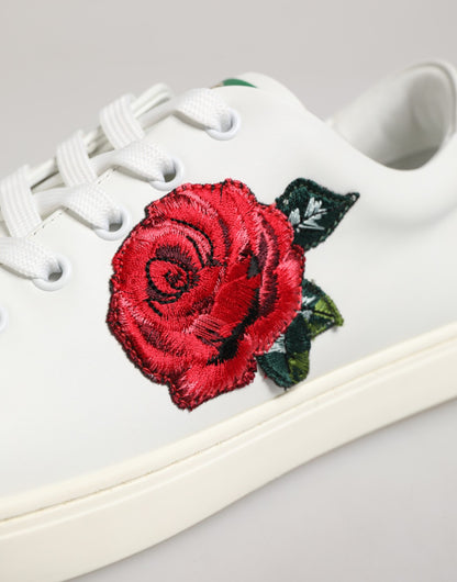 Dolce & Gabbana Women's Low Top Calf Leather & Rubber Sneakers - Pink Red Rose White Patterned
