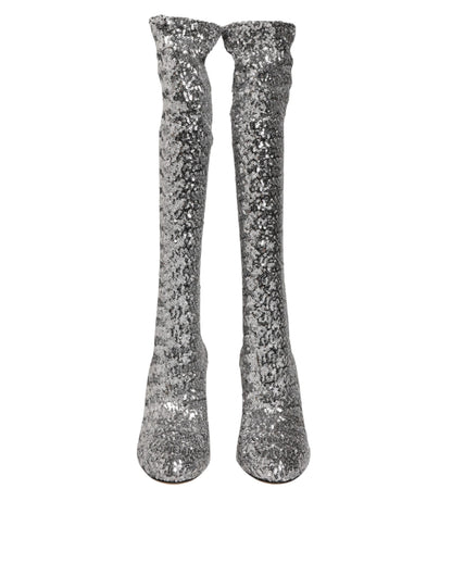 Dolce & Gabbana Shoes Silver Sequins Glitter High Heel Boot Shoes