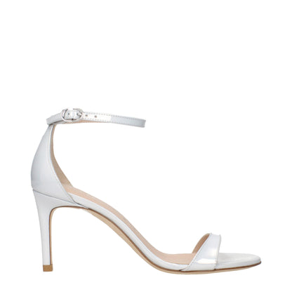 Stiletto Sandals by Stuart Weitzman for women in leather white presents a sculptural silhouette, showcasing the Women's Leather Stiletto Sandals design with a sculptural stiletto and for a premium look.