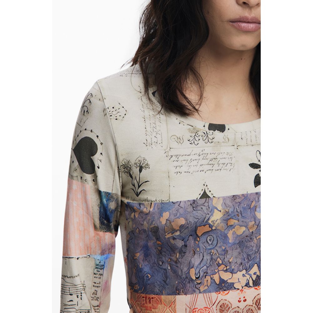 T-Shirt by Desigual for women in stretch viscose beige & patterned showcases a fashionable silhouette, elegantly detailed with a fashionable and for a sophisticated, high-fashion look.