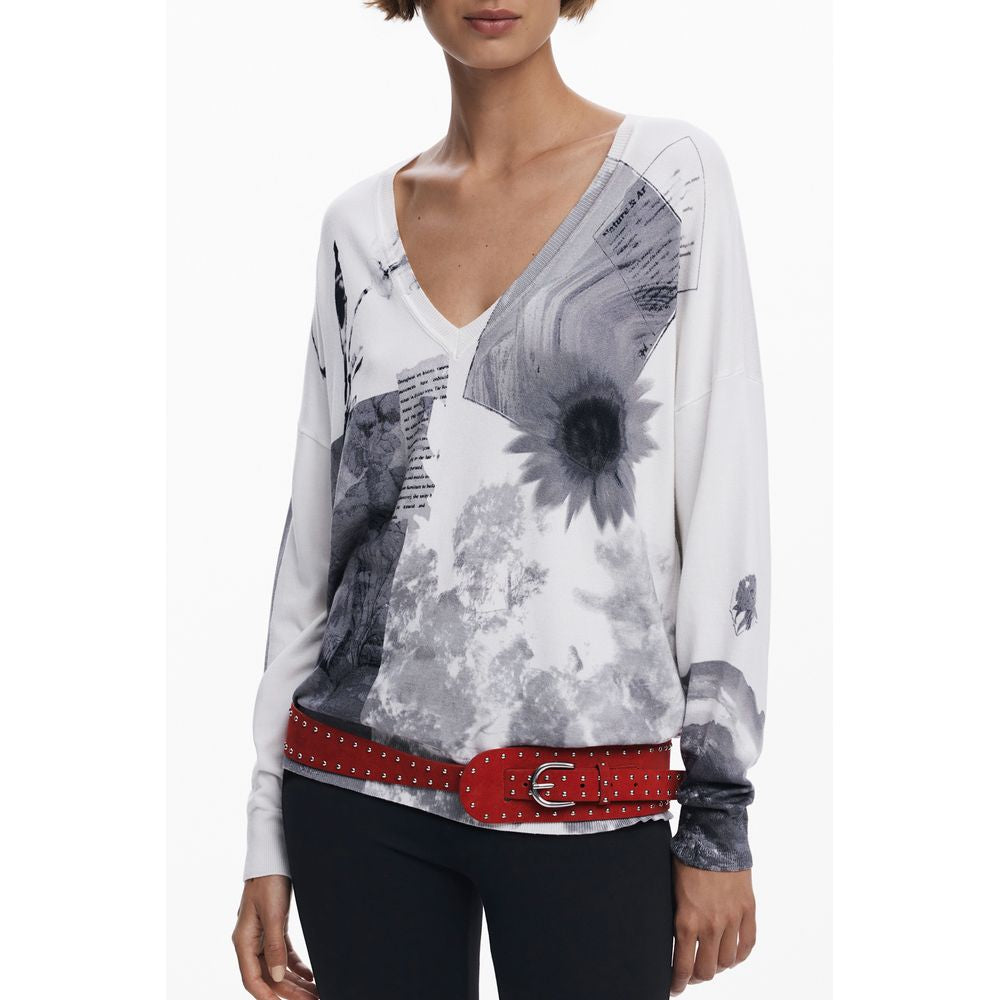 Sweater by Desigual for women in viscose & polyamide white & print features an polished silhouette, showcasing refined long-sleeve and a sophisticated v-neck neckline for a truly polished finish.