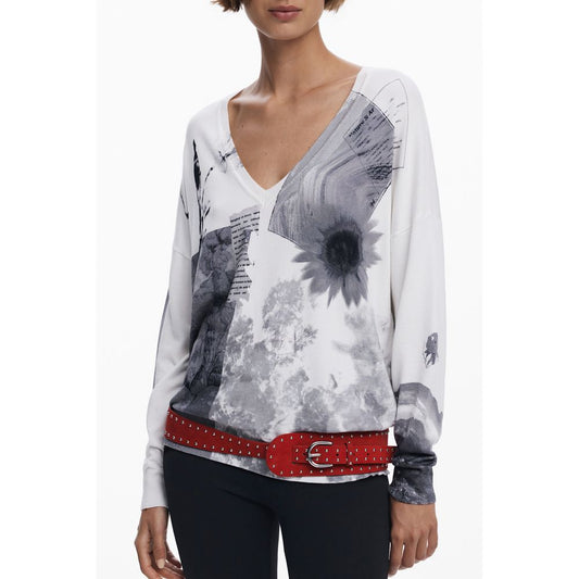Sweater by Desigual for women in viscose & polyamide white & print features an polished silhouette, showcasing refined long-sleeve and a sophisticated v-neck neckline for a truly polished finish.