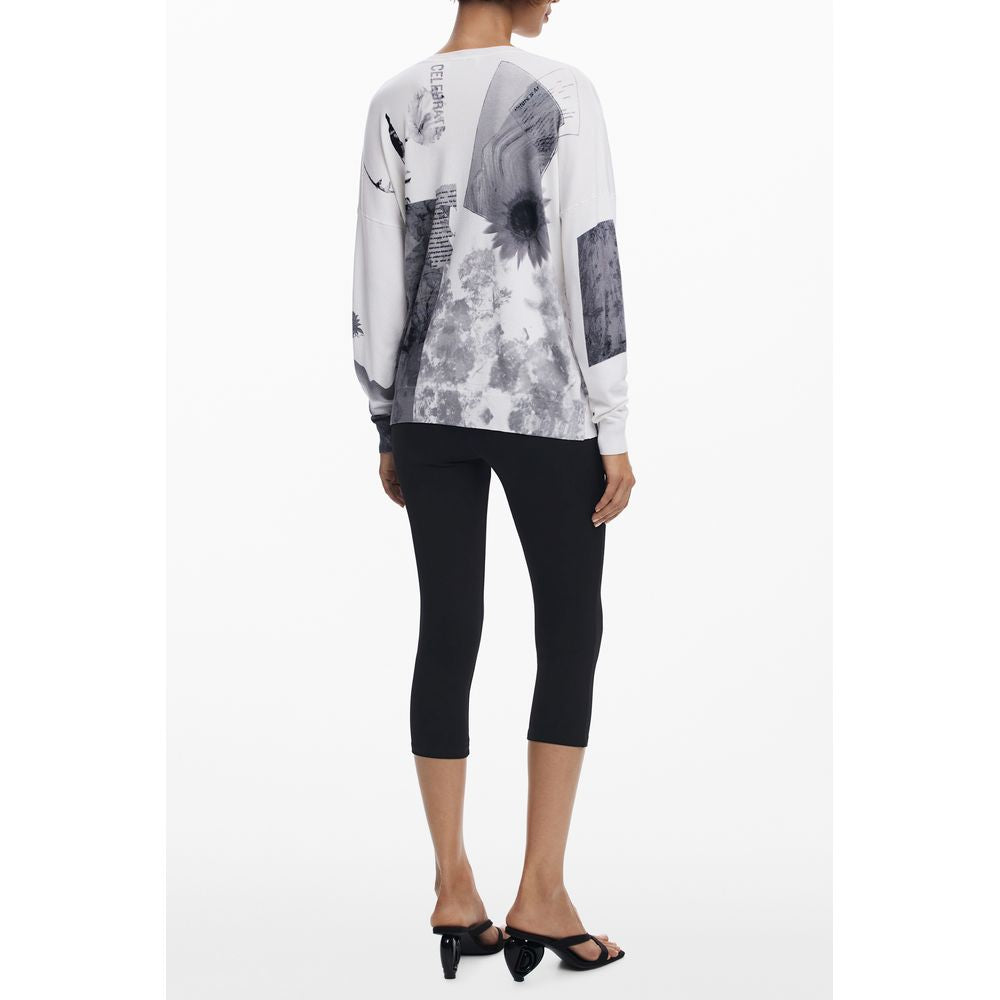 Sweater by Desigual for women in viscose & polyamide white & print showcases a downtown chic silhouette, artfully finished with a downtown chic v-neck neckline and for a sophisticated, high-end look.