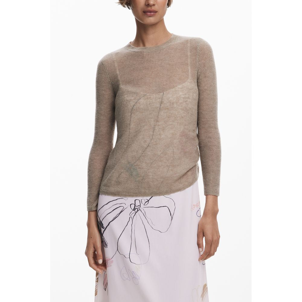 Dress by Desigual for women in stretch polyester white presents a sinuous silhouette, showcasing a sophisticated crew neckline and long-sleeve detailed with a sinuous long for a refined finish.