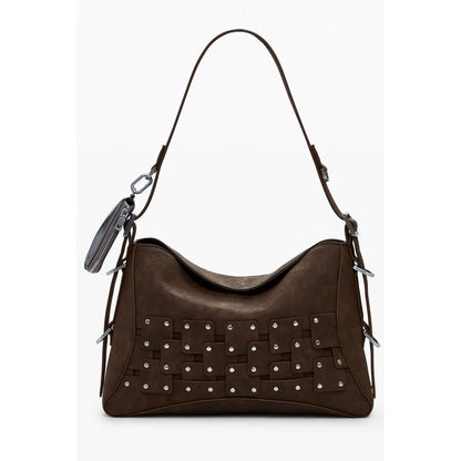 Handbag by Desigual for women in faux leather brown & patchwork features a signature silhouette, showcasing a secure zipper and signature coin-purse with versatile adjustable-strap, detachable-strap & handle for a sophisticated look.