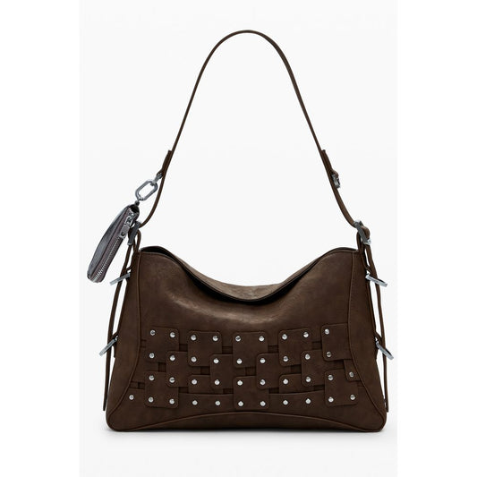 Handbag by Desigual for women in faux leather brown & patchwork features a signature silhouette, showcasing a secure zipper and signature coin-purse with versatile adjustable-strap, detachable-strap & handle for a sophisticated look.