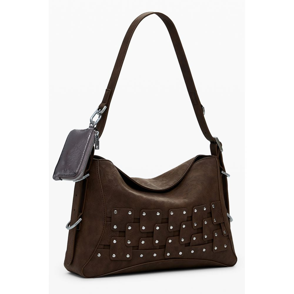 Handbag by Desigual for women in faux leather brown & patchwork features a ornamental silhouette, showcasing a secure zipper, ample coin-purse, and ornamental adjustable-strap, detachable-strap & handle for a sophisticated look.
