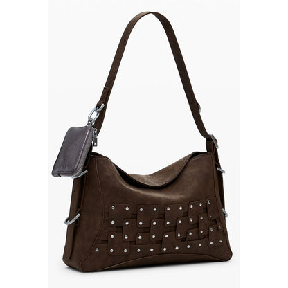 Handbag by Desigual for women in faux leather brown & patchwork features a ornamental silhouette, showcasing a secure zipper, ample coin-purse, and ornamental adjustable-strap, detachable-strap & handle for a sophisticated look.