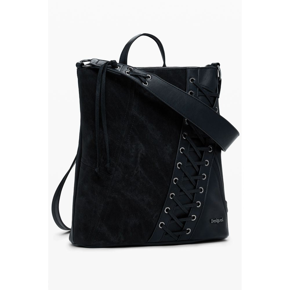 Small Backpack by Desigual for women in faux leather black presents a stately Faux Leather Small Backpack design, showcasing a secure zipper with ample and versatile backpack-strap & handle for a stately finish.