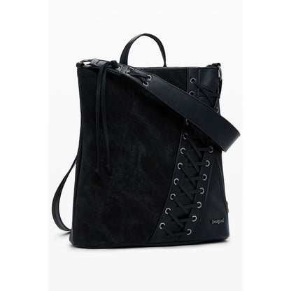 Small Backpack by Desigual for women in faux leather black presents a stately Faux Leather Small Backpack design, showcasing a secure zipper with ample and versatile backpack-strap & handle for a stately finish.