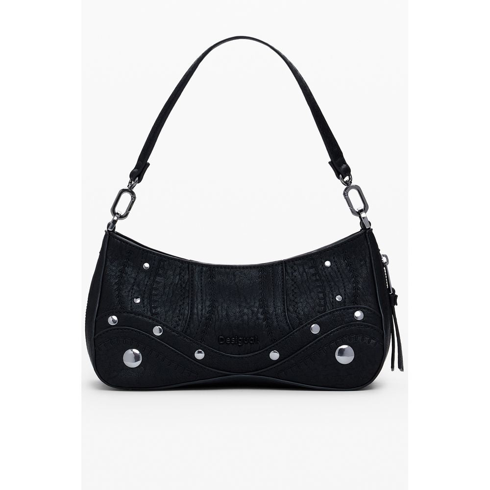 Small Crossbody Handbag by Desigual for women in faux leather black features a signature silhouette, showcasing a secure zipper and signature with versatile crossbody-strap & handle for a sophisticated look.