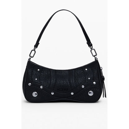 Small Crossbody Handbag by Desigual for women in faux leather black features a signature silhouette, showcasing a secure zipper and signature with versatile crossbody-strap & handle for a sophisticated look.