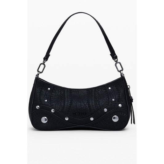 Small Crossbody Handbag by Desigual for women in faux leather black features a signature silhouette, showcasing a secure zipper and signature with versatile crossbody-strap & handle for a sophisticated look.