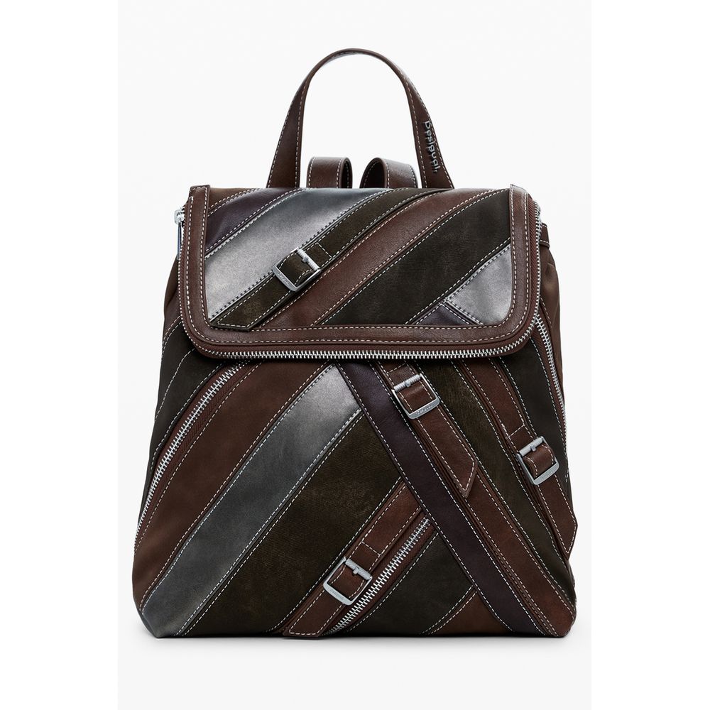 Small Flap Backpack by Desigual for women in faux leather brown features a refined silhouette, showcasing the Faux Leather Small Flap Backpack design with a secure flap, zipper, magnetic & buckle, ample built-in-compartments, and versatile backpack-strap.