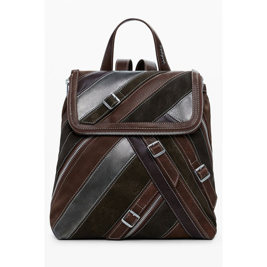 Small Flap Backpack by Desigual for women in faux leather brown features a refined silhouette, showcasing the Faux Leather Small Flap Backpack design with a secure flap, zipper, magnetic & buckle, ample built-in-compartments, and versatile backpack-strap.