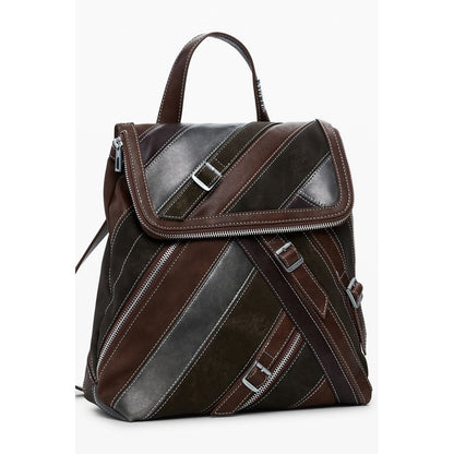 Small Flap Backpack by Desigual for women in faux leather brown features an stately silhouette from the Faux Leather Small Flap Backpack range, with a secure flap, zipper, magnetic & buckle, ample built-in-compartments, and versatile backpack-strap.