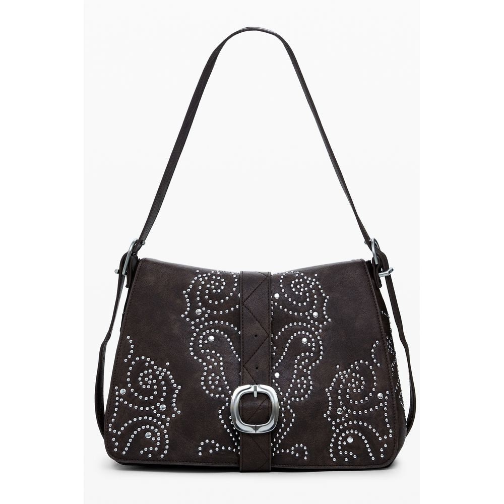 This Small Crossbody Flap Handbag by Desigual for women in faux leather and brown presents a sculptural silhouette featuring a secure flap & zipper, ample , and versatile crossbody-strap, adjustable-strap & handle for a sculptural finish.