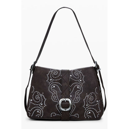This Small Crossbody Flap Handbag by Desigual for women in faux leather and brown presents a sculptural silhouette featuring a secure flap & zipper, ample , and versatile crossbody-strap, adjustable-strap & handle for a sculptural finish.
