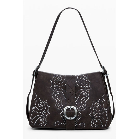 This Small Crossbody Flap Handbag by Desigual for women in faux leather and brown presents a sculptural silhouette featuring a secure flap & zipper, ample , and versatile crossbody-strap, adjustable-strap & handle for a sculptural finish.