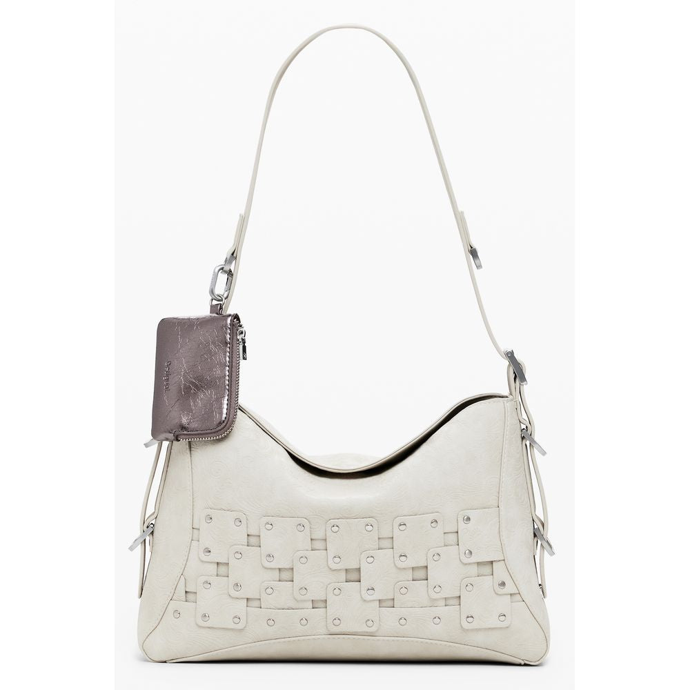 Handbag by Desigual for women in faux leather beige & patchwork features an refined silhouette, showcasing a secure zipper, ample coin-purse, and versatile adjustable-strap, detachable-strap & handle for a sophisticated refined aesthetic.