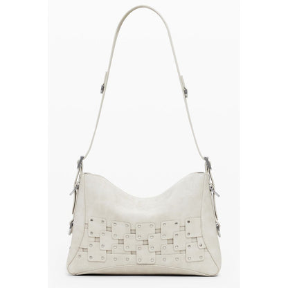 Handbag by Desigual for women in faux leather beige & patchwork features a signature silhouette, showcasing a secure zipper and signature coin-purse with versatile adjustable-strap, detachable-strap & handle for a sophisticated look.